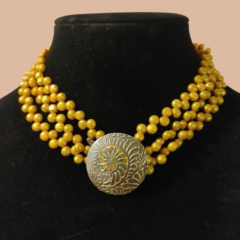 Roycroft Dayna Yellow Culture Pearls 3 Strands Necklace Fine Silver Stamped